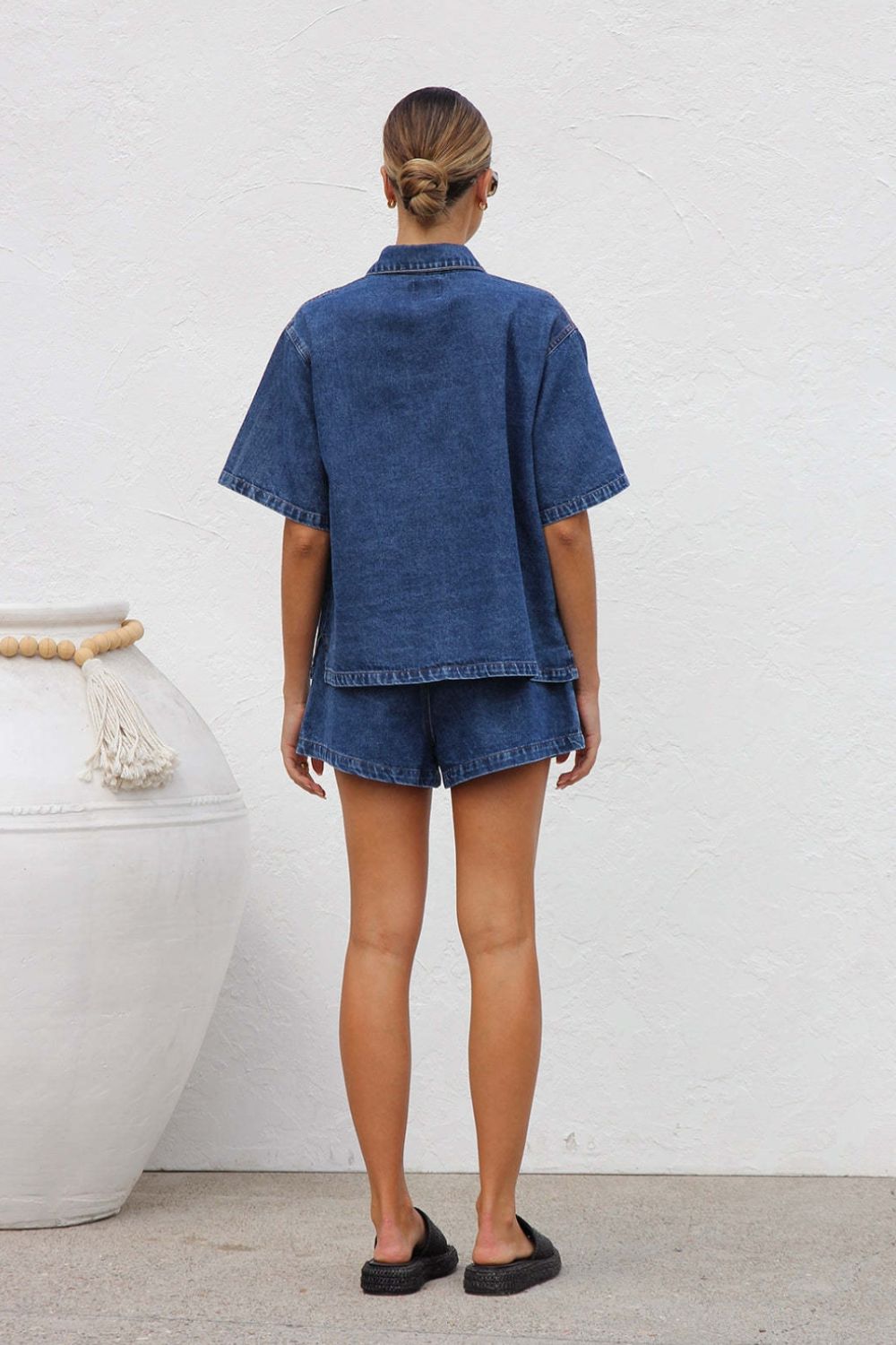 Collared Neck Button Up Top and Shorts Denim Set