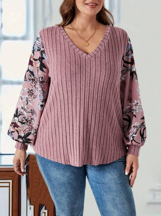 Plus Size Printed V-Neck Long Sleeve