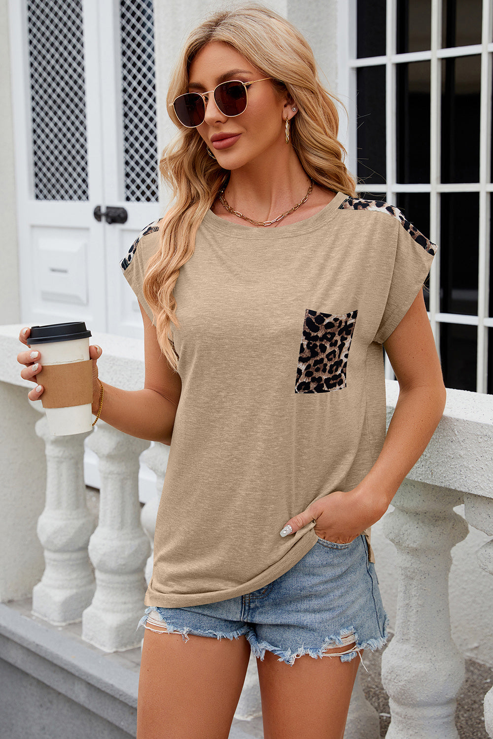 Leopard Round Neck Cap Sleeve Blouse