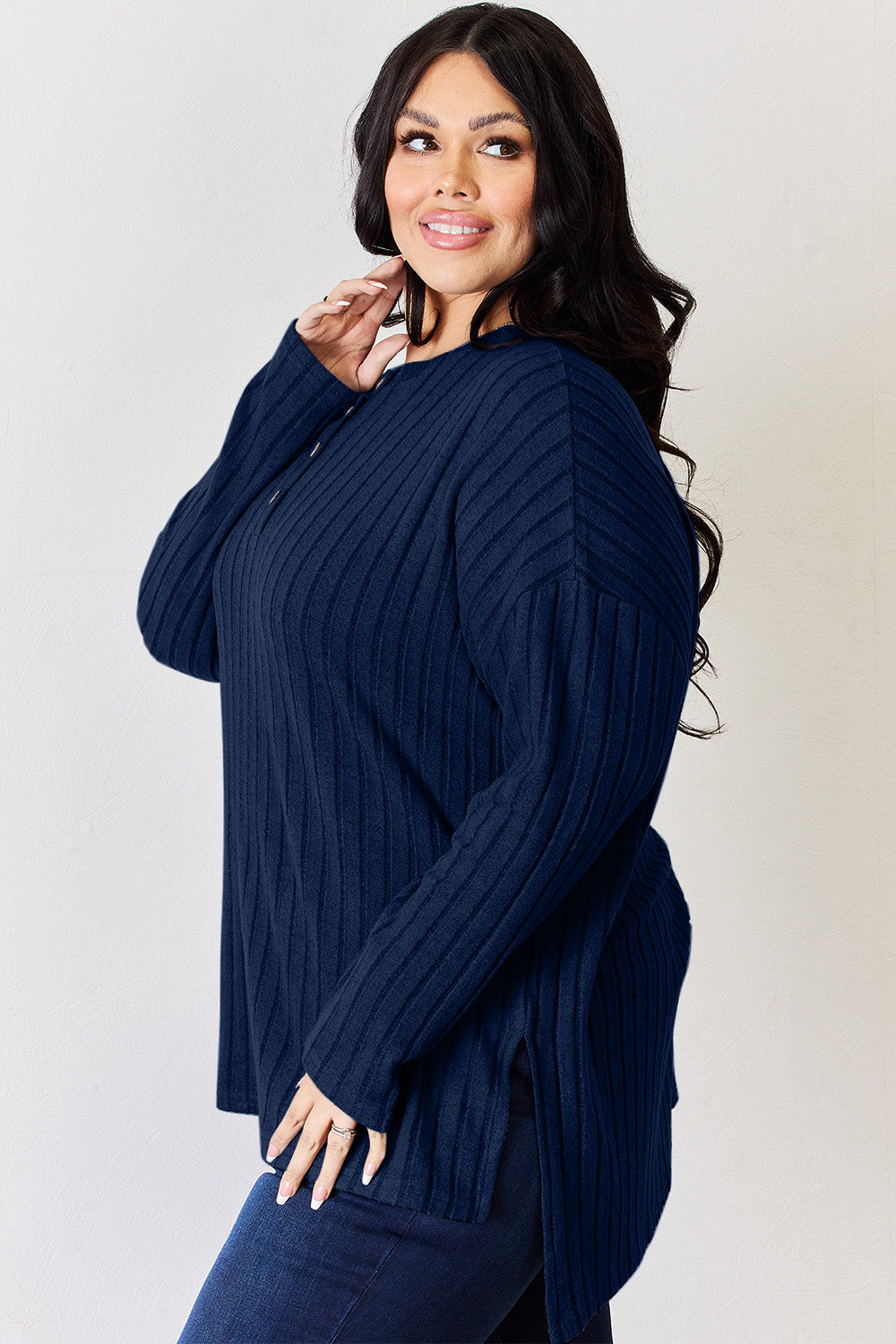 Basic Bae Full Size Ribbed Half Button Long Sleeve High-Low shirt