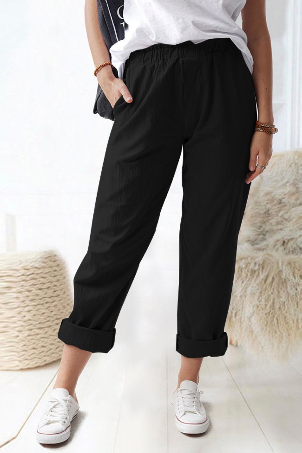 Shiny Waist Pull-On Pants with Pockets