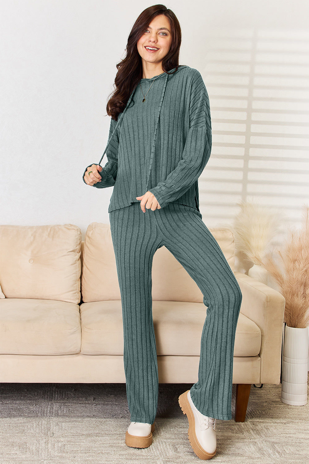 Basic Bae Full Size Ribbed Hooded Top and Straight Pants Set