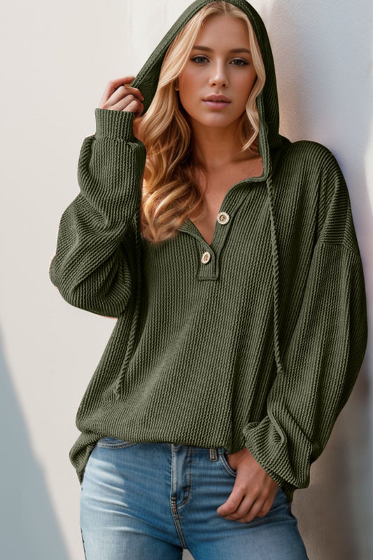 Double Take Half Button Long Sleeve Hoodie