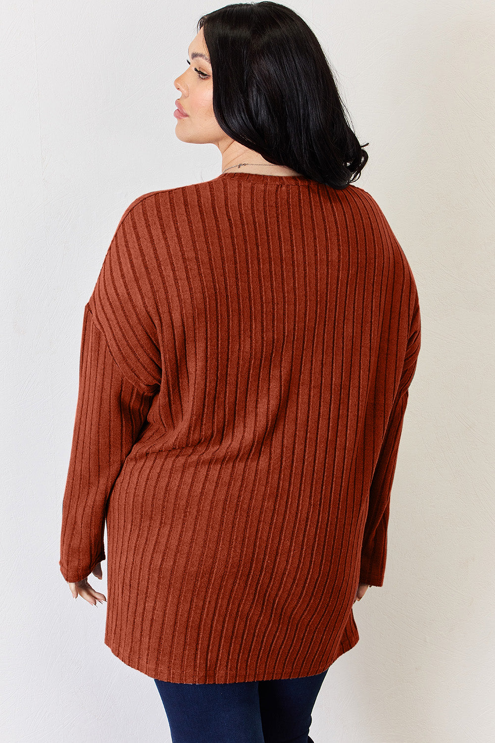 Basic Bae Full Size Ribbed Half Button Long Sleeve High-Low shirt