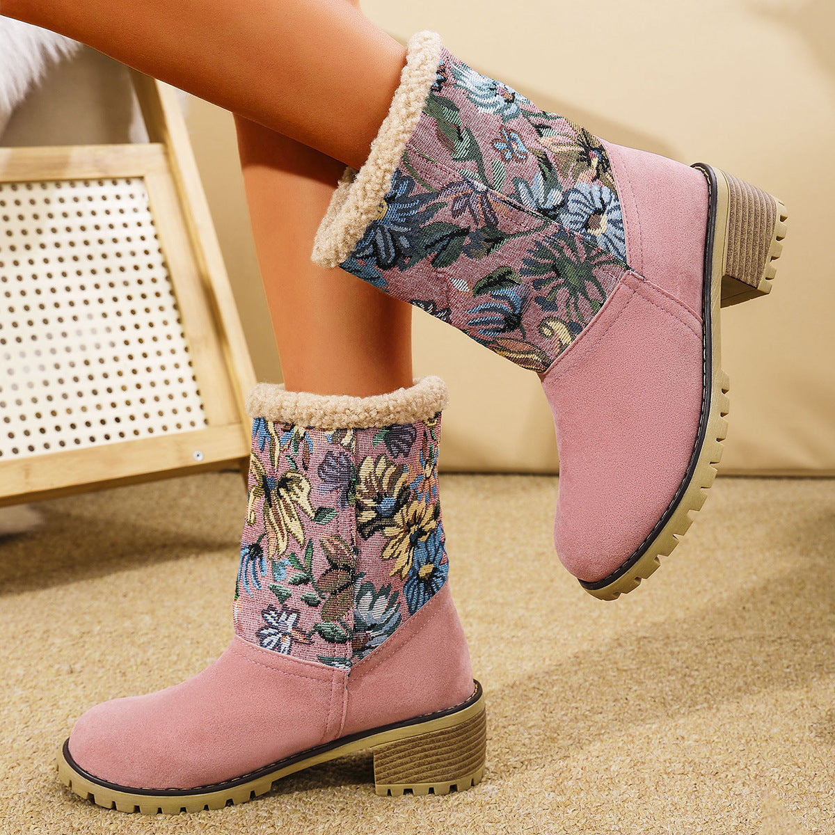 Embroidered Faux Fur Block Heel Boots