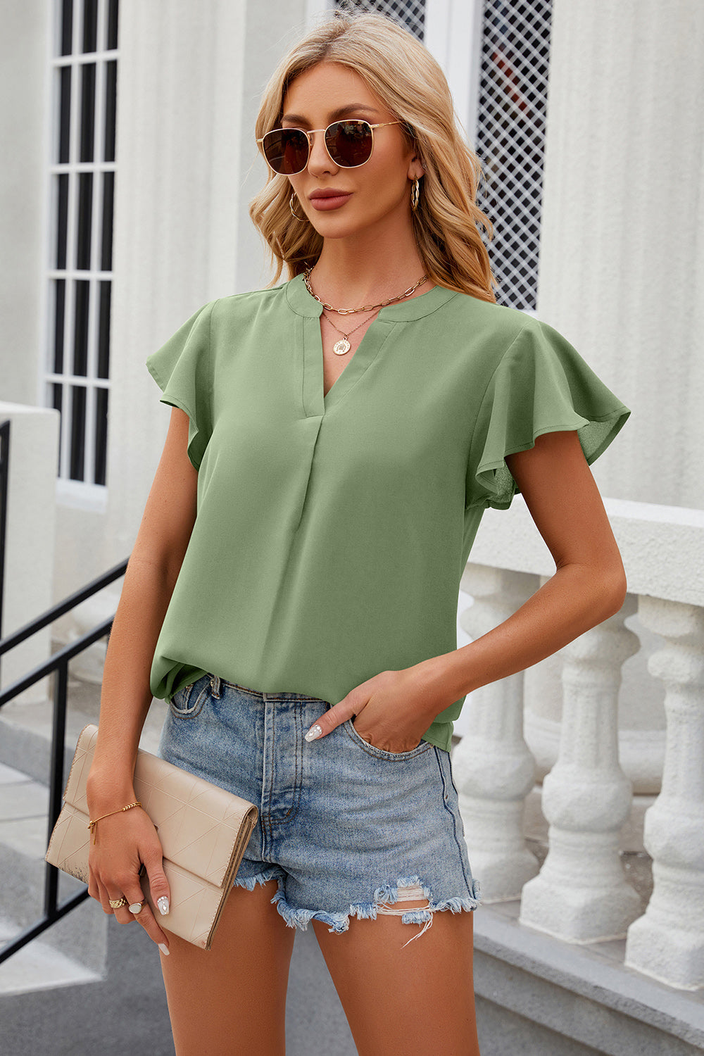 Notched Cap Sleeve Blouse