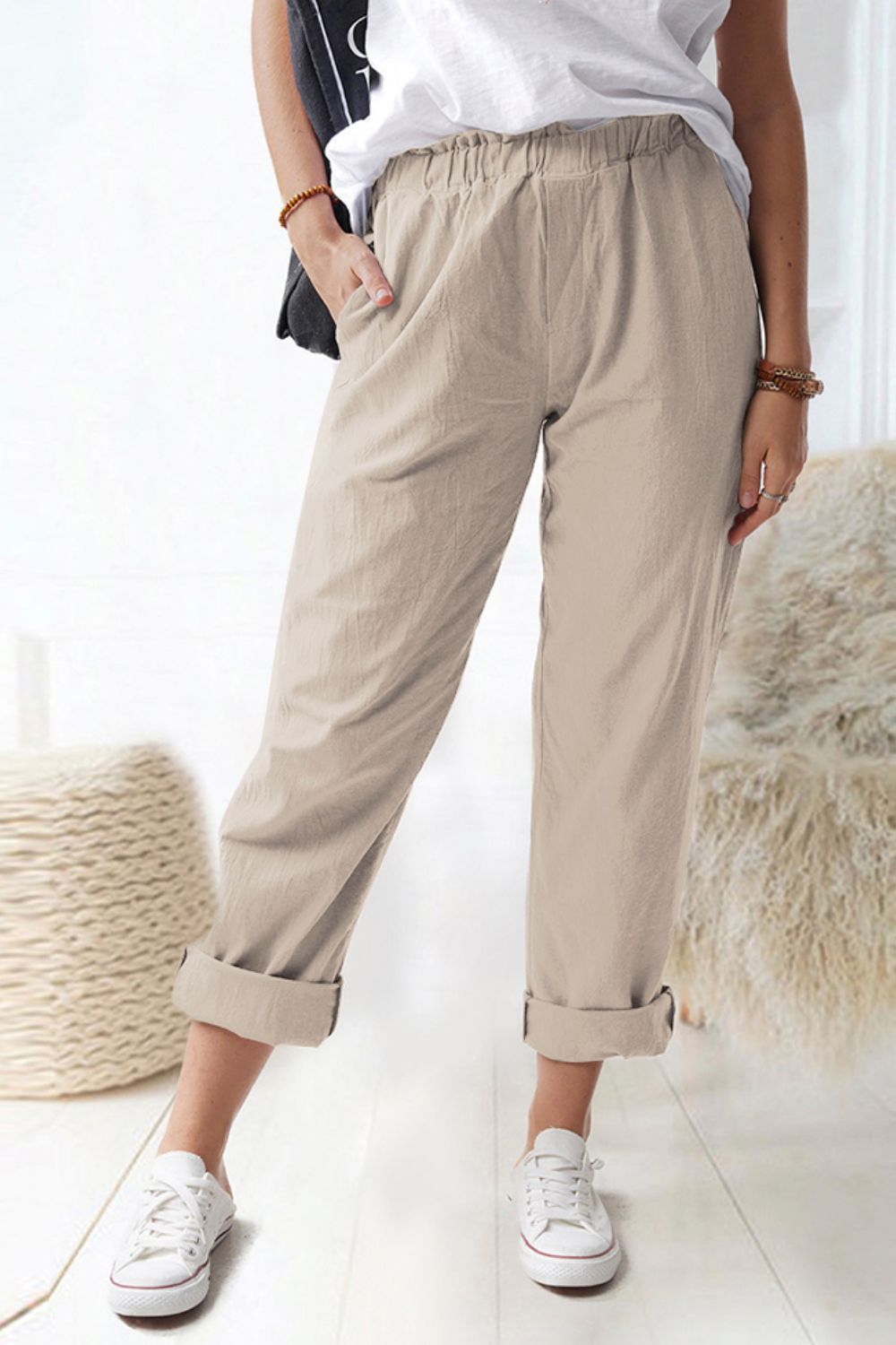 Shiny Waist Pull-On Pants with Pockets