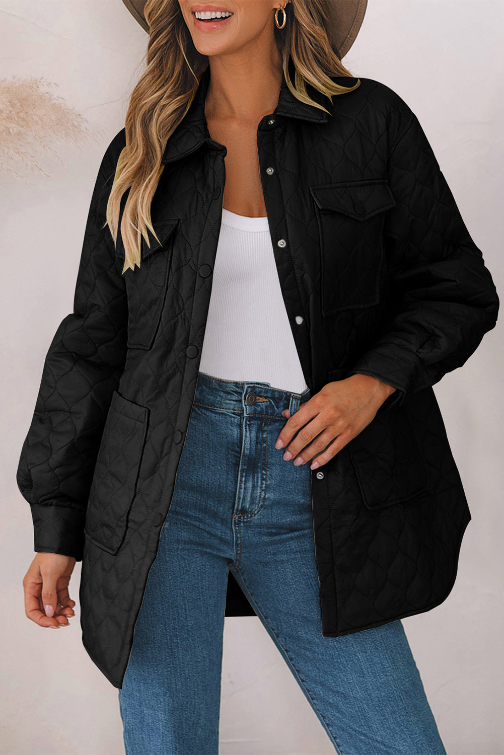 Quilted Snap Down Collared Winter Coat