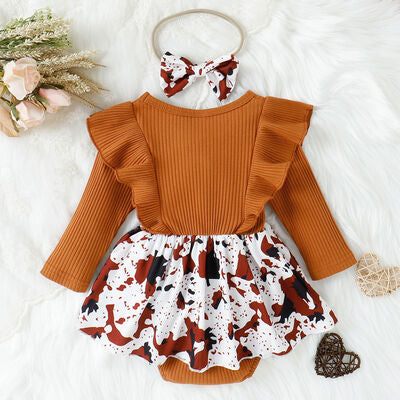 Girls Printed Ruffled Bow Round Neck Bodysuit Dress