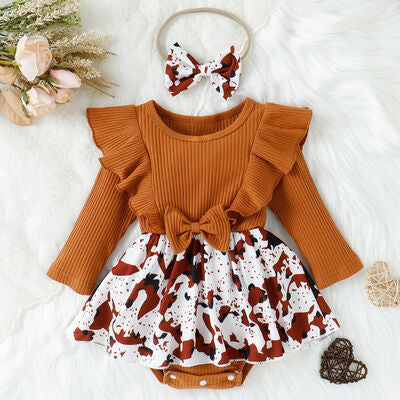 Girls Printed Ruffled Bow Round Neck Bodysuit Dress