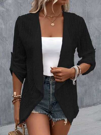 Eyelet Roll-Tab Sleeve Womens Cardigan