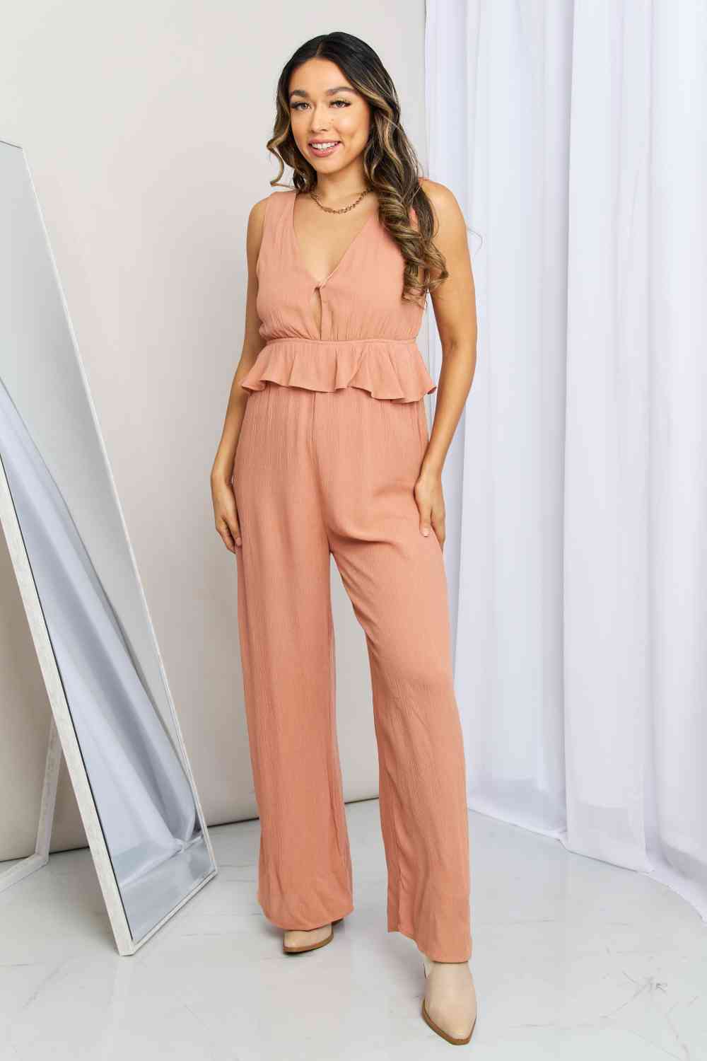 Gilli Sleeveless Wide Leg Peplum Jumpsuit