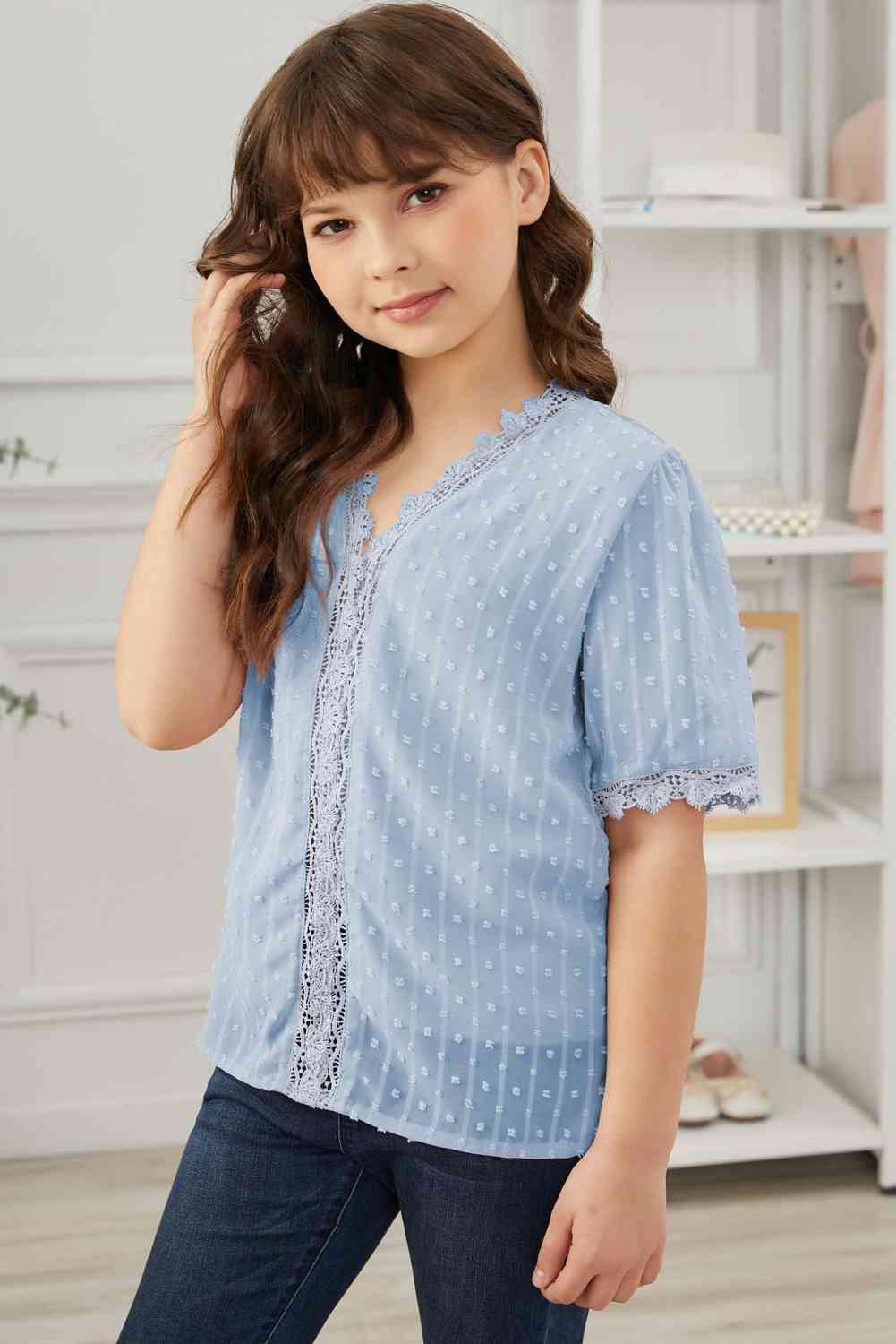 Girls Swiss Dot Spliced Lace Blouse