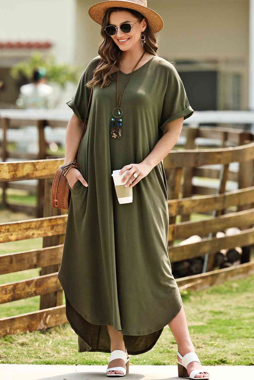 Plus Size Womens V-Neck Short Sleeve Maxi Dress