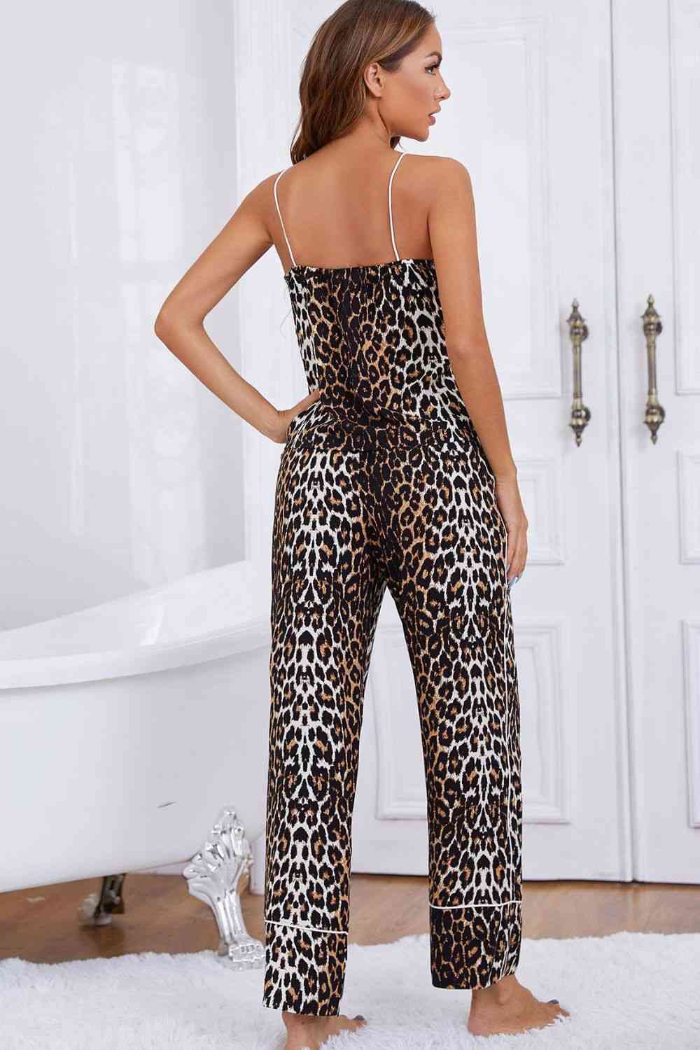 Leopard Contrast Piping Cami and Wide Leg Pants Lounge Set