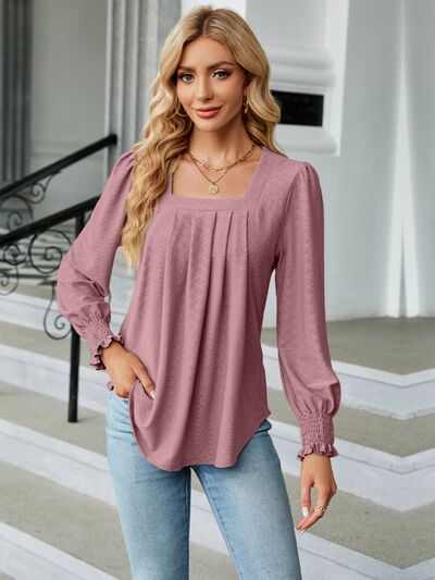 Ruched Square Neck Lantern Sleeve Blouse