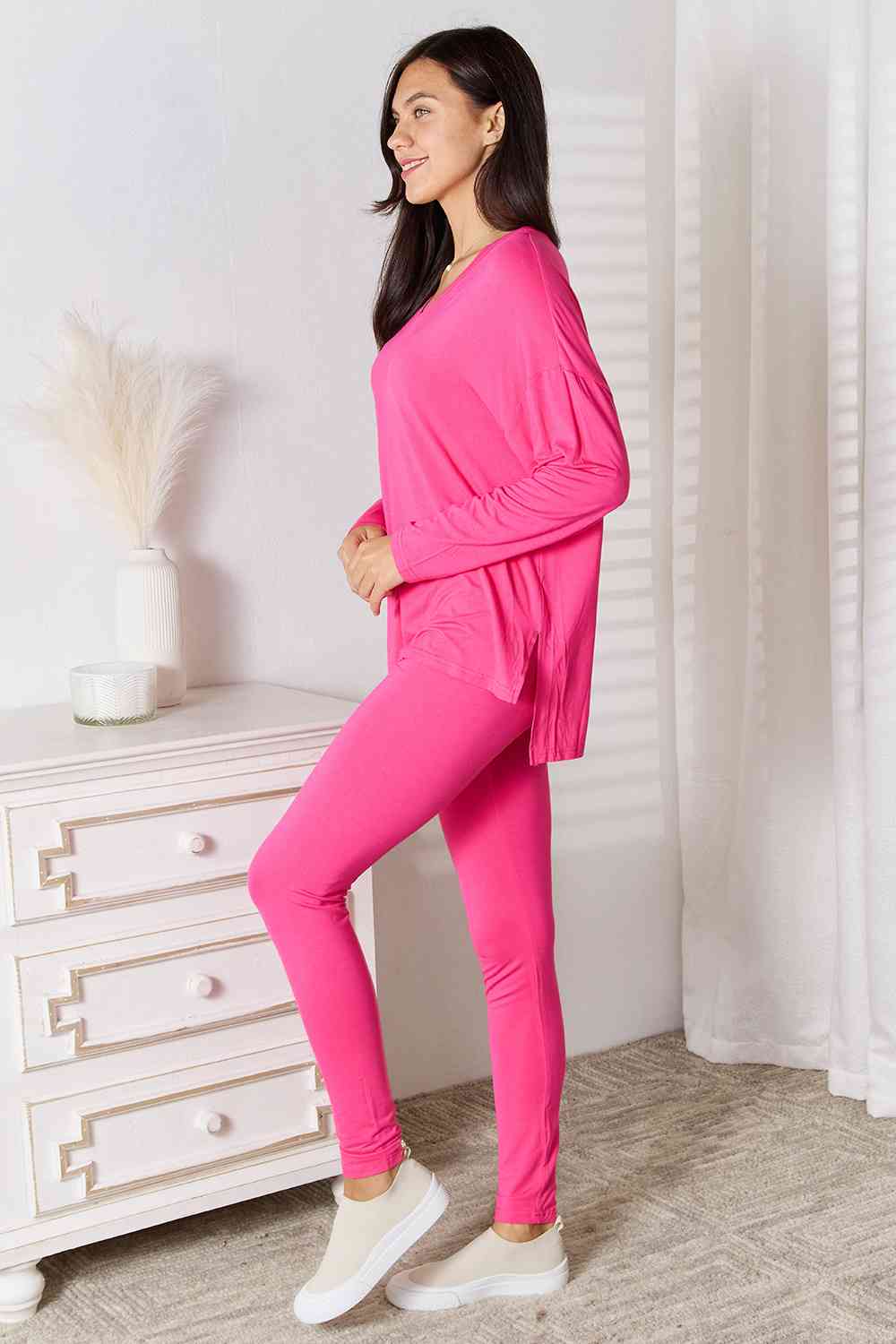 Basic Bae Full Size V-Neck Soft Rayon Long Sleeve Top and Pants Womens  Lounge Set