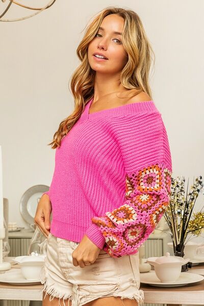 BiBi V-Neck Crochet Long Sleeve Womens Sweater