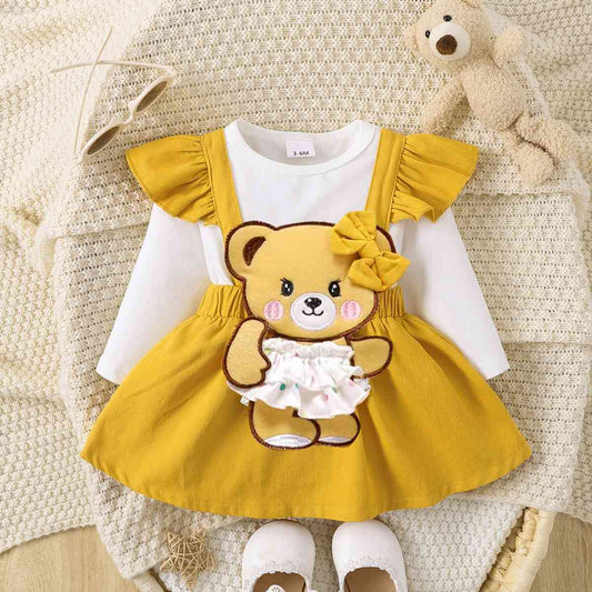 Girls Bow Tie Skirt Bear Detail Round Neck Dress