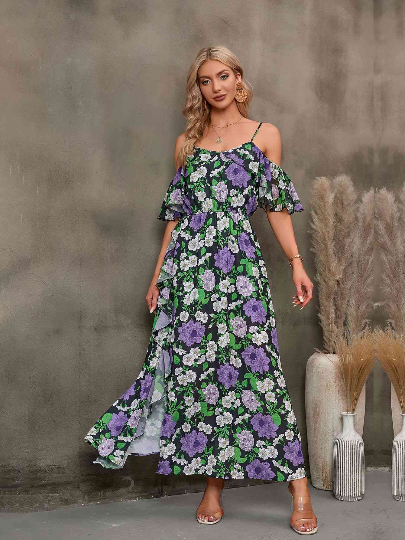 Floral Spaghetti Strap Cold-Shoulder Slit Maxi Dress