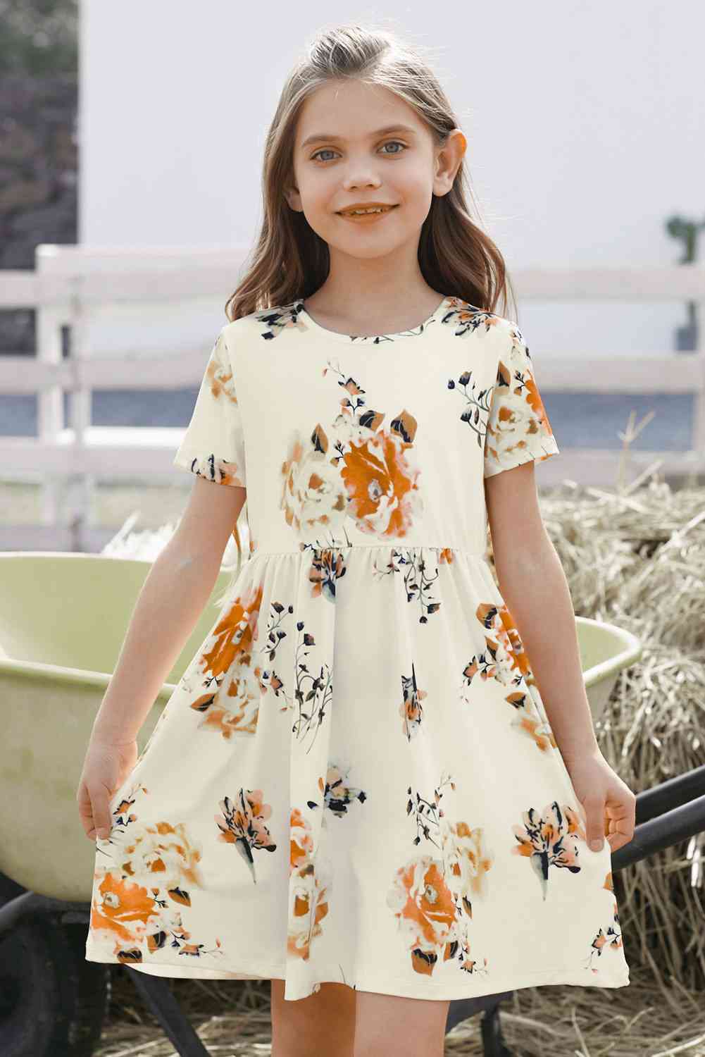 Girls Floral Short Sleeve Round Neck Dress