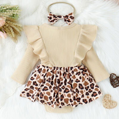 Girls Printed Ruffled Bow Round Neck Bodysuit Dress