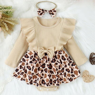 Girls Printed Ruffled Bow Round Neck Bodysuit Dress