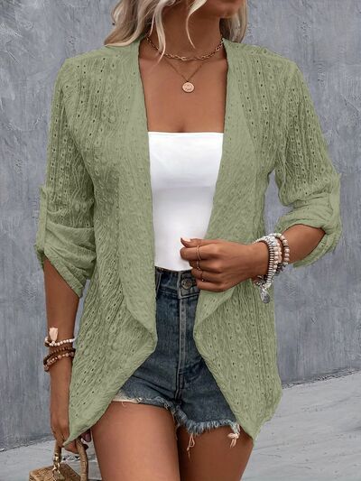 Eyelet Roll-Tab Sleeve Womens Cardigan