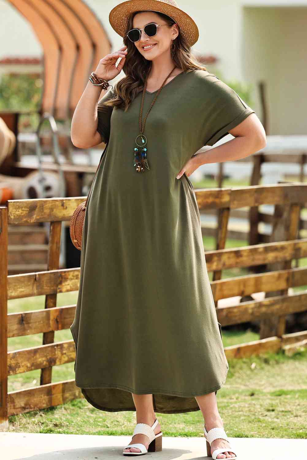 Plus Size Womens V-Neck Short Sleeve Maxi Dress