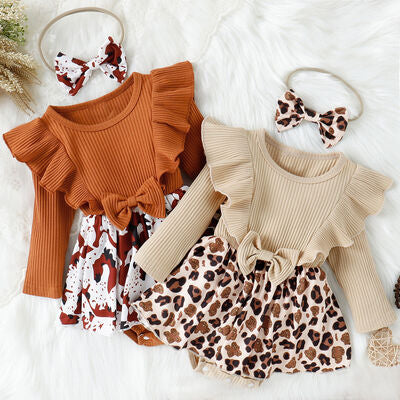 Girls Printed Ruffled Bow Round Neck Bodysuit Dress