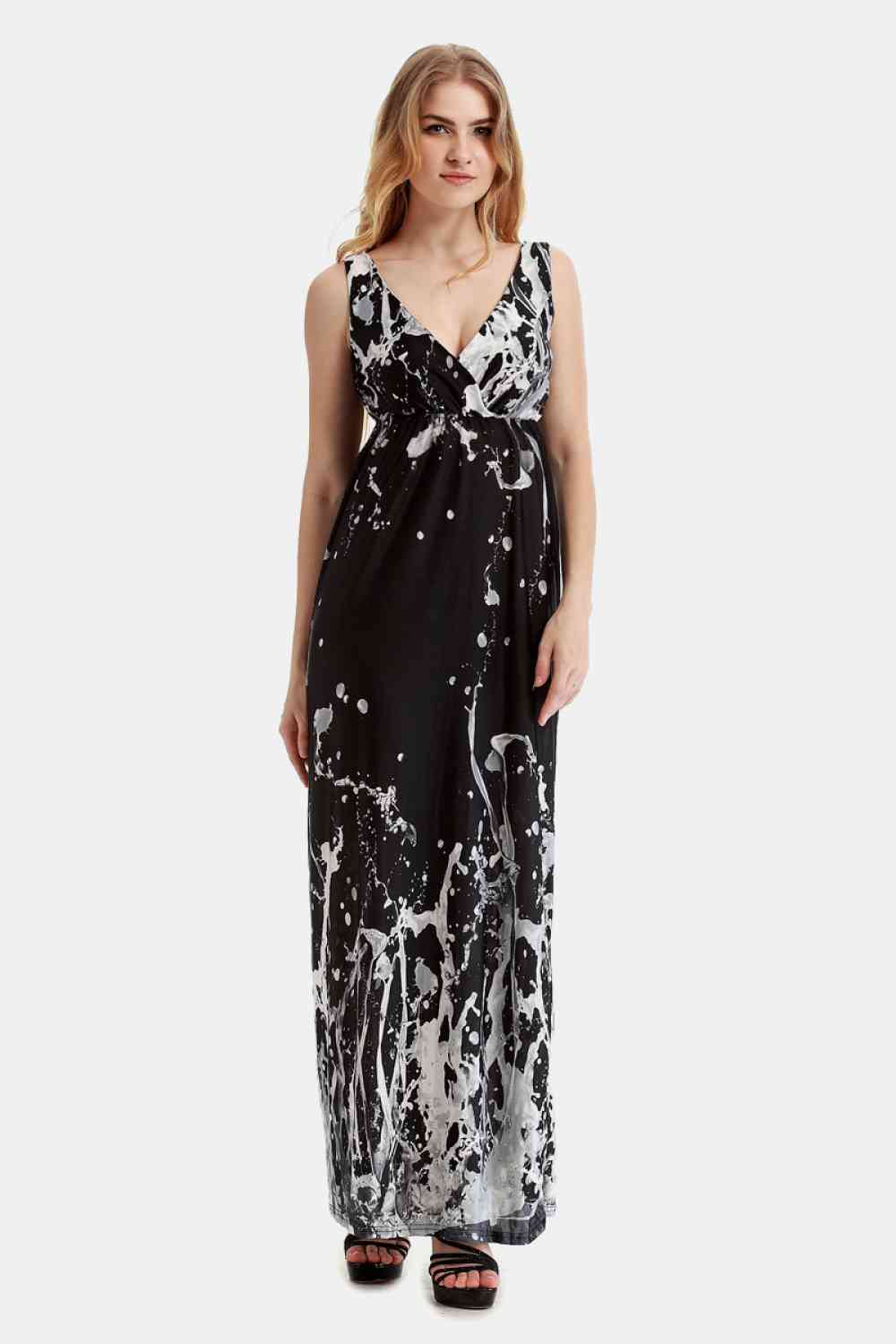 Printed Surplice Neck Sleeveless Womens Maxi Dress