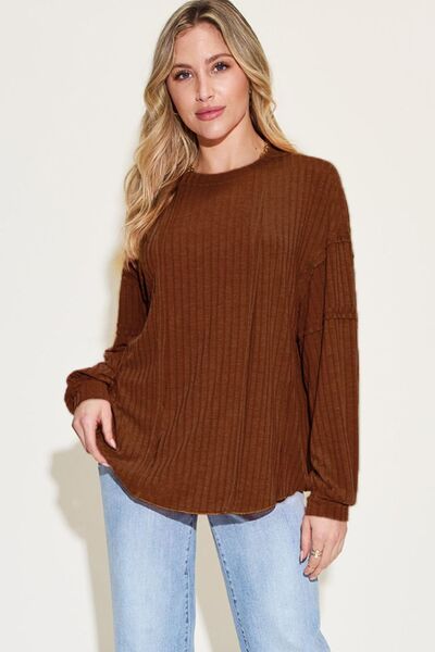 Basic Bae Full Size Ribbed Round Neck Long Sleeve Shirt