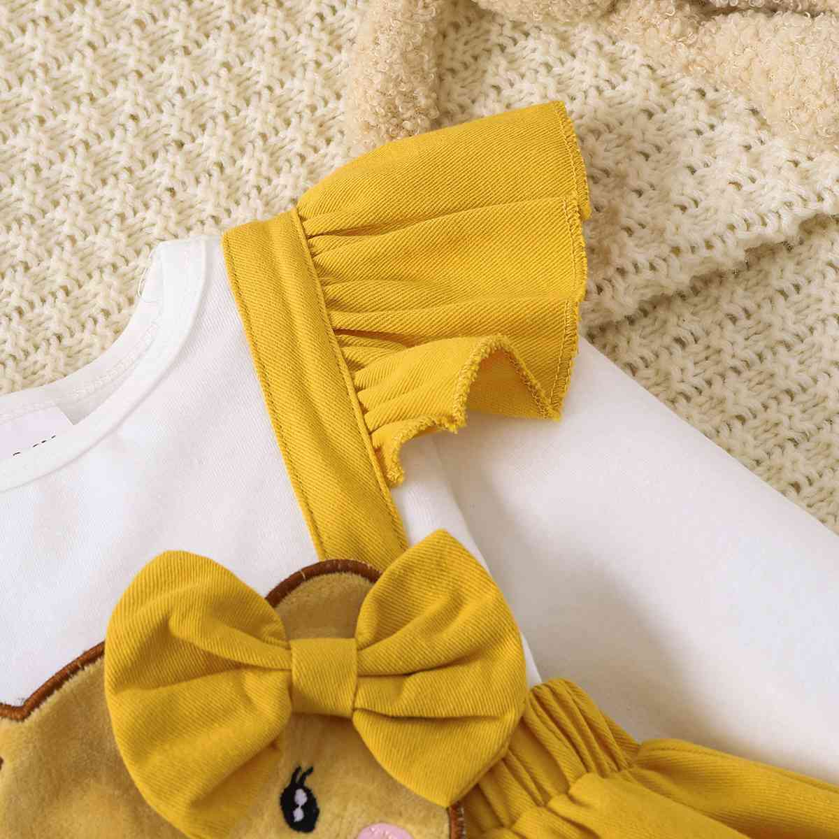 Girls Bow Tie Skirt Bear Detail Round Neck Dress