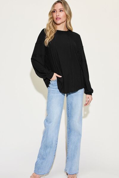 Basic Bae Full Size Ribbed Round Neck Long Sleeve Shirt