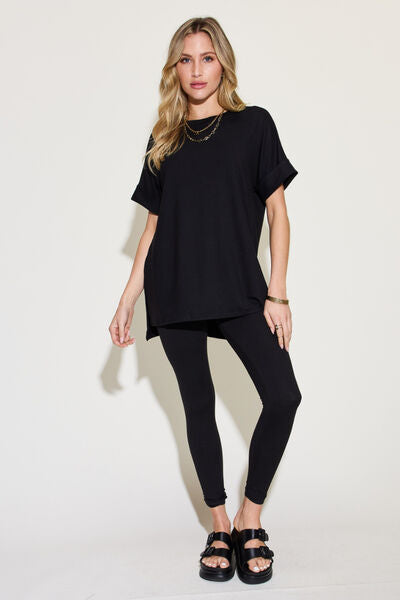 Zenana Womens Plus Size Short Sleeve Slit T-Shirt and Leggings Lounge Set