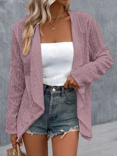 Eyelet Roll-Tab Sleeve Womens Cardigan