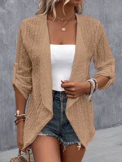 Eyelet Roll-Tab Sleeve Womens Cardigan