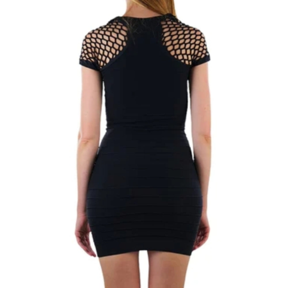 Stretch Horizontal Ribbed Dress with fishnet sleeves. XFF