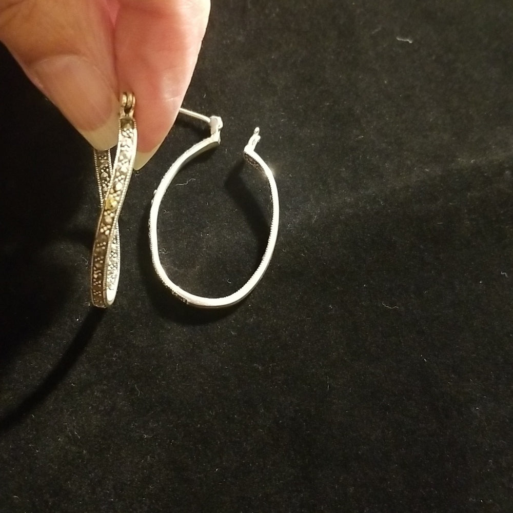 Sterling Silver .925 Marcasite curved hoop earrings. J2-0211F